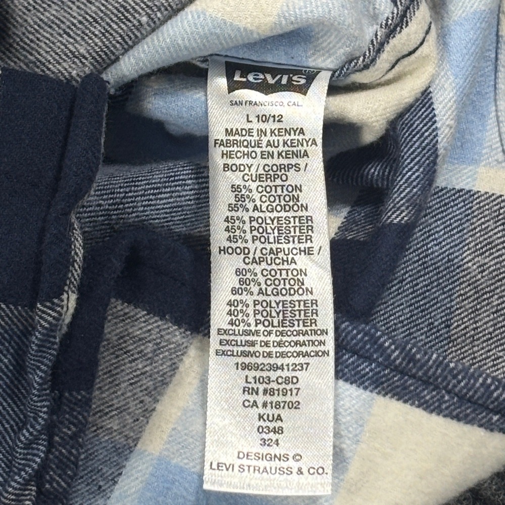 Levi's Hooded Flannel Shirt Kids Size L 10/12 Blue Plaid Long Sleeve Button Up - Picture 5 of 7